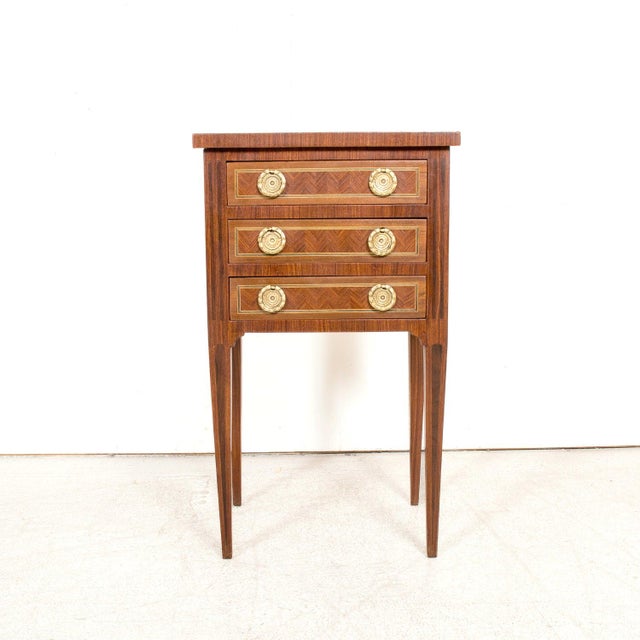 19th Century French Louis XVI Style Petite Walnut Commode or Side Table With Marquetry For Sale - Image 4 of 12