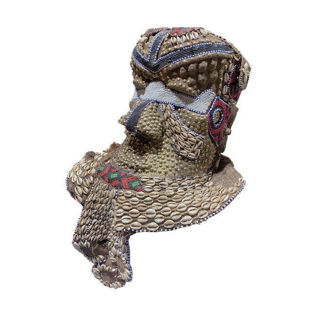 Unique Vintage Large African Tribal Beaded Kuba Royal Head Mask Congo 15" H For Sale - Image 11 of 13