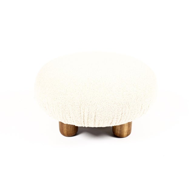 #2132— Custom Bolete Ottoman / Footstool — Turned Walnut legs — Stone Bouclé Custom made ottoman / foot stool designed and...