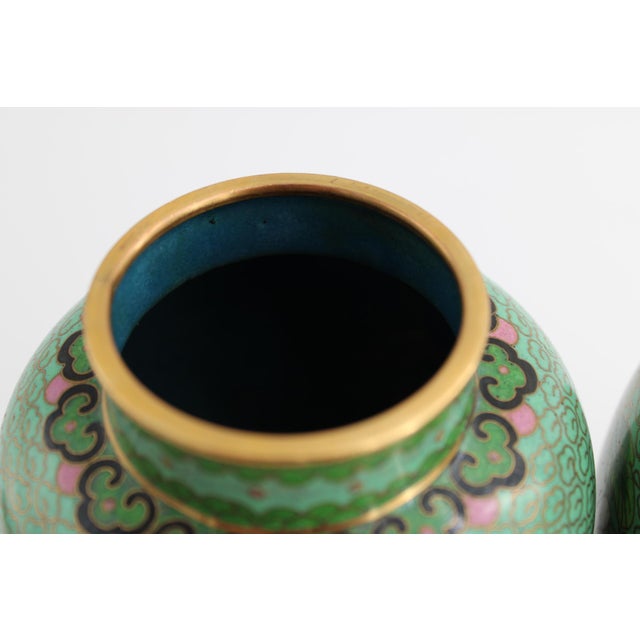 Mid 20th Century VTG Pair of Chinese Cloisonne Urn Vases in Gorgeous Green For Sale - Image 5 of 10