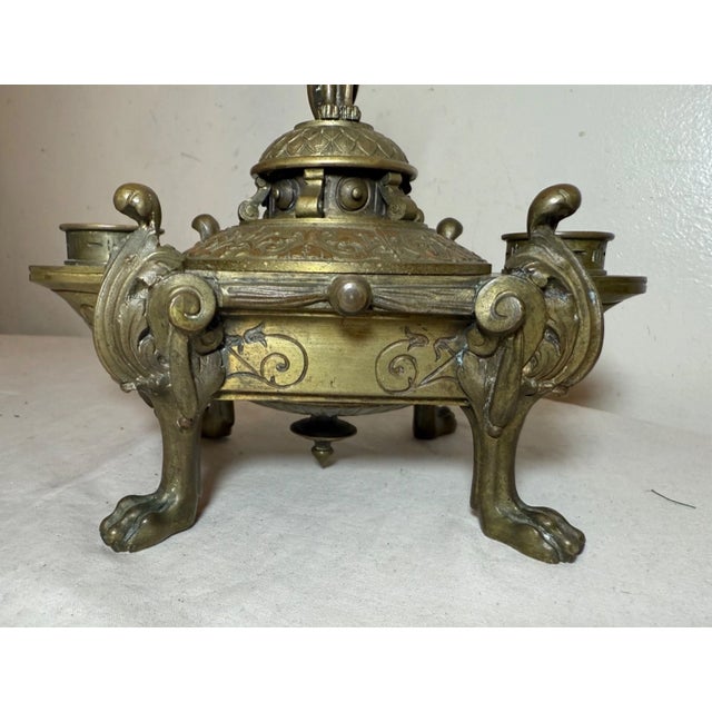 19th Century Antique Ornate 19th Century Bronze Egyptian Revival Candelabra Desk Jar Sphinx For Sale - Image 5 of 12