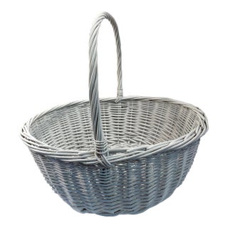 Vintage Large White Wicker Basket With Handle For Sale