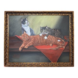 Signed Oil Painting of Three Cats, Cat Lover Wall Art, Framed Feline Portrait For Sale
