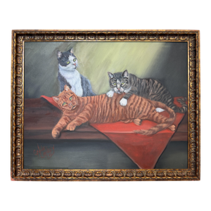 Signed Oil Painting of Three Cats, Cat Lover Wall Art, Framed Feline Portrait