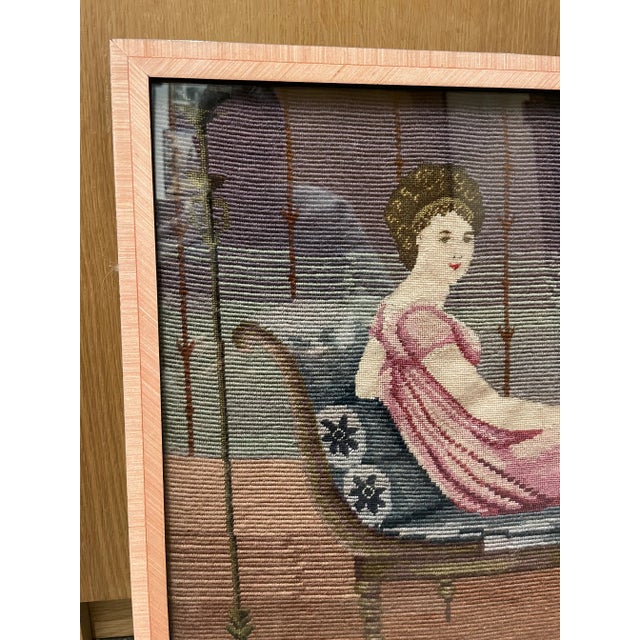 1920s Antique Framed Needlepoint of Woman on Chaise Lounge, 1922 For Sale - Image 5 of 13