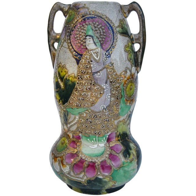 Antique Hand-painted Japanese porcelain vase with handles. Features a fine cloisonne pattern throughout and colorful color...