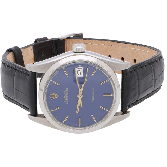 Modern Vintage Rolex Oysterdate Precision 6694 Blue Dial Steel 1977 Leather Strap Watch For Sale - Image 3 of 17