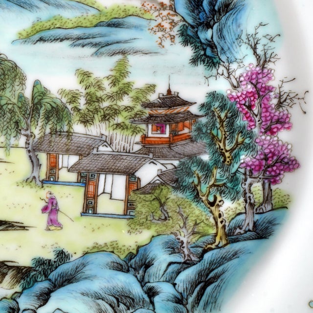 Chinese Chinese Porcelain Polychrome Cabinet Plate With Landscape Qing/Republic Period For Sale - Image 3 of 6