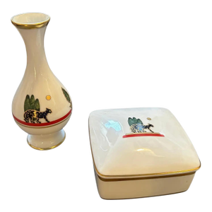 1986 Art Deco Style Porcelain De Limoges Vase and Vanity Box by Cartier Paris