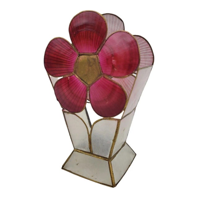 Lovely 1960s capiz shell vase, pencil cup, or brush holder featuring a big double-sided pink flower with brass overlay on...