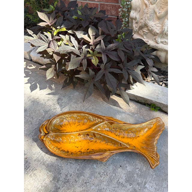 Vintage 1970s Drip Glaze Fish Serving Platter / Ceramic Coastal Seafood Dish Striking vintage ceramic fish-form serving...