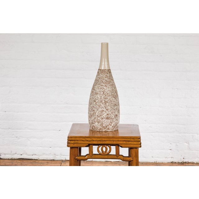 Hand-Crafted Artisan Bottle Shaped Brown and Cream Ceramic Vase with Dripping For Sale - Image 12 of 12