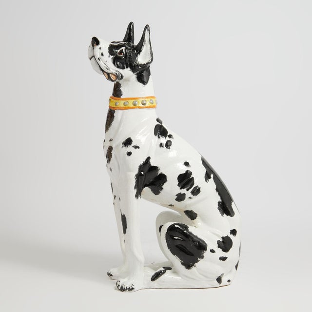 Standout mid century Italian life size great dane sculpture crafted in terra cotta and hand decorated in black and white...