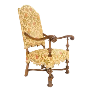 long Carved Walnut Arms Tall Back Turned Legs X Base Stretcher Arm Chair