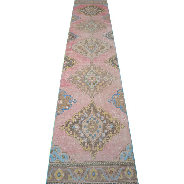1960s 1960s Traditional Turkish Runner Hand Knotted Distressed Low Pile Pink Hallway Rug Kitchen Decor For Sale - Image 5 of 14