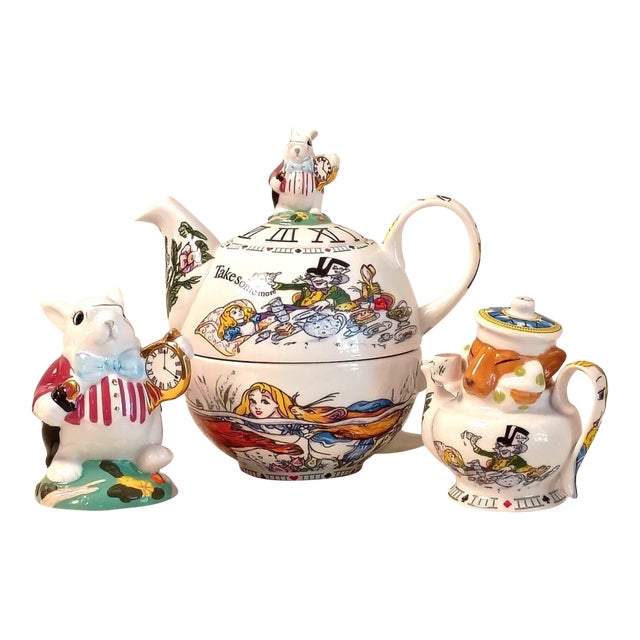 Paul Cardew Alice in Wonderland Tea for One Whimsical Stacking Teapot Cup Set White Rabbit & Dormouse Salt & Pepper Shakers - Set of 3 For Sale