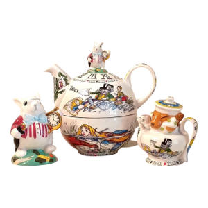 Paul Cardew Alice in Wonderland Tea for One Whimsical Stacking Teapot Cup Set White Rabbit & Dormouse Salt & Pepper Shakers - Set of 3