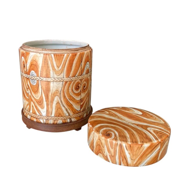 Orange Mid 20th Century Chinese Ceramic Faux Bois Canister / Covered Jar on Wood Stand For Sale - Image 8 of 12