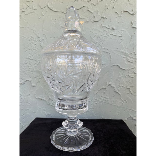 Transparent Vintage Cut Crystal Pedestal Lidded Apothecary Jar With Finial Top For Sale - Image 8 of 10