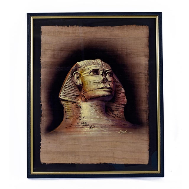 Tan 1996 Egyptian Sphinx on Papyrus Original Signed Painting by Monsef Labib For Sale - Image 8 of 10