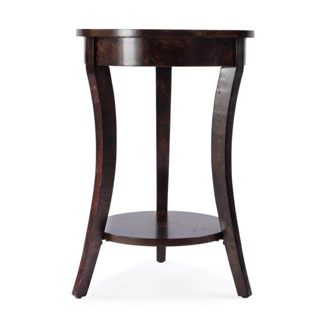 Holdin 18 in. W Round Wood Side Table with Lower Open Shelf, Dark Burl For Sale In Chicago - Image 6 of 9