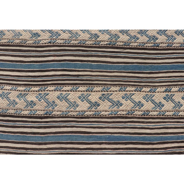 Turkish Vintage Flat-Weave With Striped Design and Tribal Motifs in Blue & Brown For Sale - Image 10 of 12
