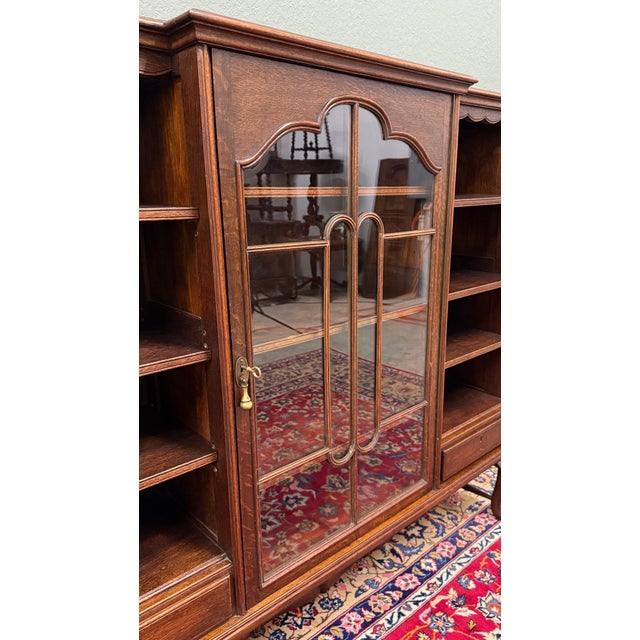 Antique English Bookcase Bookshelf Cabinet Glass Oak Queen Anne Legs 1920s-30s For Sale - Image 16 of 18