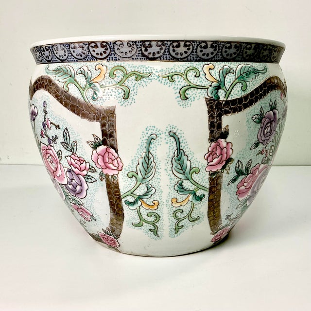 Vintage Chinoiserie Boho Chic Hollywood Regency Pink Famille Rose Koi Fish Bowl Planter. For Sale - Image 6 of 13