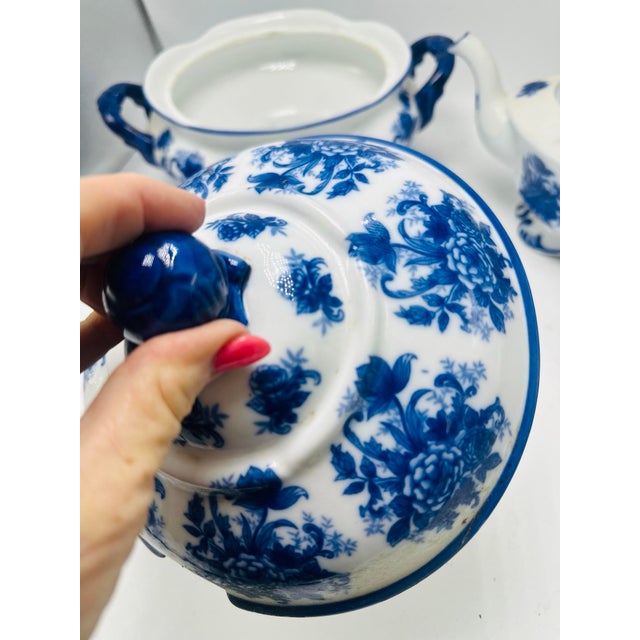 1920s Antique Blue and White Soup Tureen and Tea Pot For Sale - Image 5 of 11