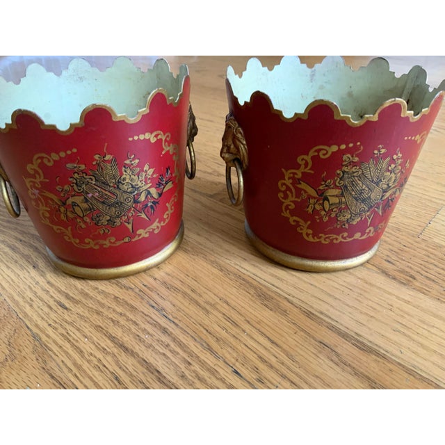 Pair of Early 20th Century French Napoleon III Style Red and Gold Toleware Cachepots For Sale - Image 4 of 12