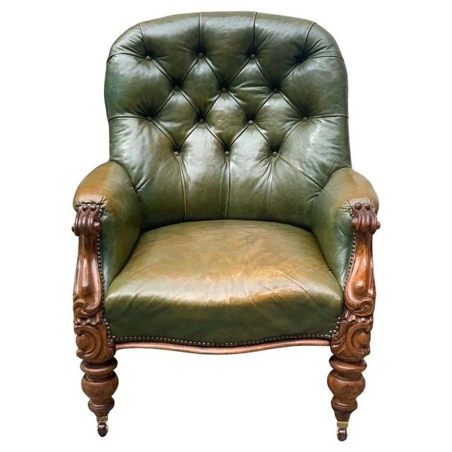 Victorian Chesterfield Chair in Green Leather For Sale - Image 4 of 9