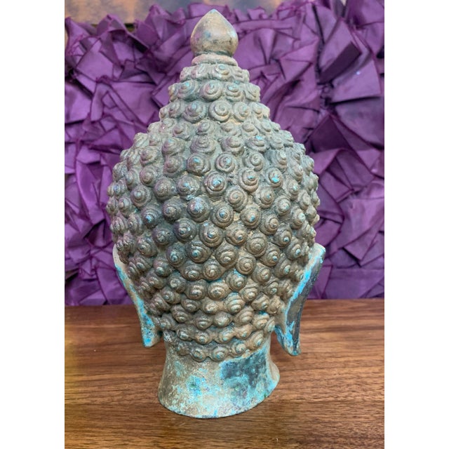 Metal Antique Bronze Buddha Head Bust – 8.5” Tall With Natural Patina For Sale - Image 7 of 12