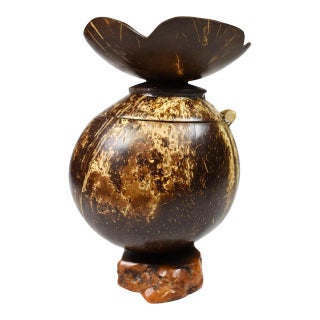 Vintage Handmade Natural Coconut Shell Lidded Box Display on Wooden Base For Sale