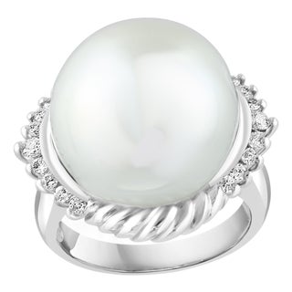 16MM Round White South Sea Pearl Diamond Platinum Halo Sunburst Ring For Sale