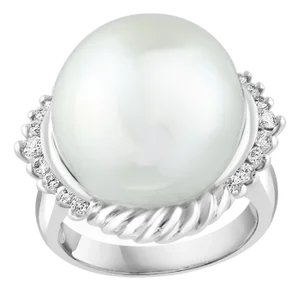 16MM Round White South Sea Pearl Diamond Platinum Halo Sunburst Ring