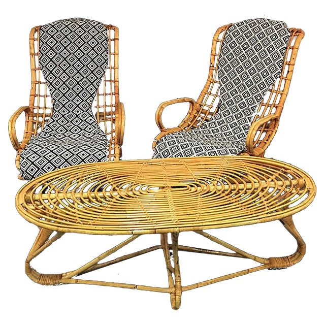 Vintage Italian Rattan Lounge Chairs & Table, 1960s, Set of 3 For Sale