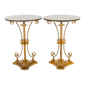 Late 20th Century A Pair of French Empire Style GUERIDONs, Brass Side Tables, Marble-Top End Tables