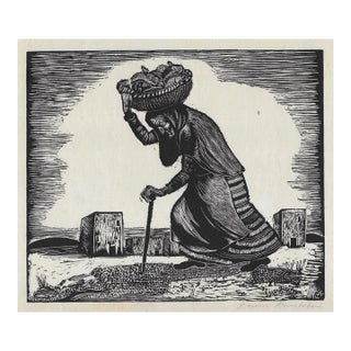 1950s Woodcut of Peasant Lady and Basket of Fish For Sale