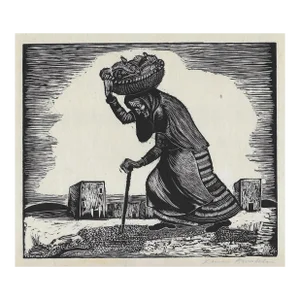 1950s Woodcut of Peasant Lady and Basket of Fish