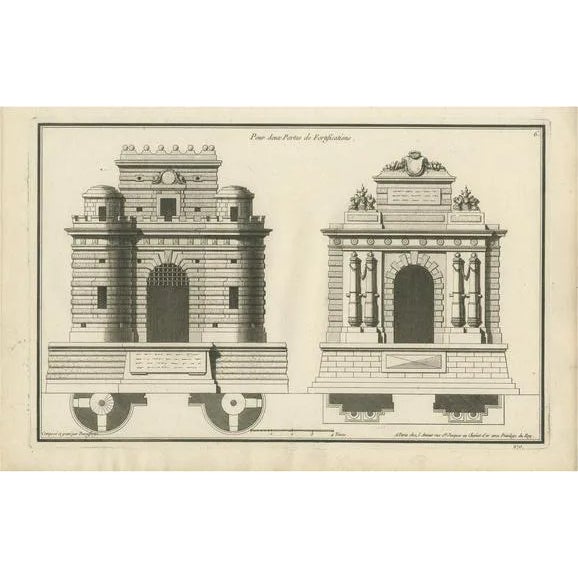 Neufforge, Neoclassical Fortified Gateways, 1770, Engraving For Sale