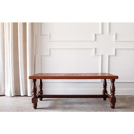 1970s Midcentury Peruvian Hand Tooled Leather Coffee Table /Bench For Sale - Image 4 of 14