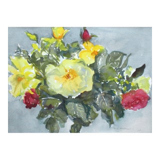 Vintage Yellow & Red Roses Watercolor Still Life by Mary Alice Hinman For Sale