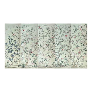 Mint Green Chinoiserie Mural | 5-Panel Hand-Painted Floral & Bird Wallpaper For Sale