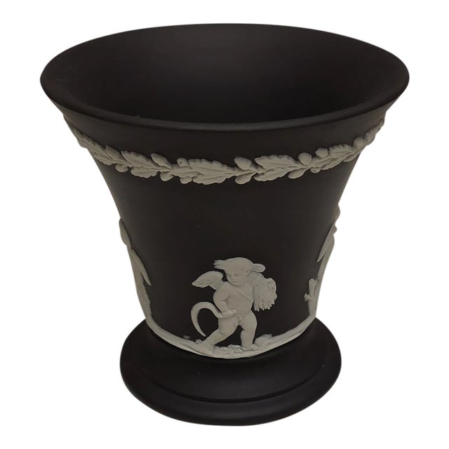Vintage MCM Wedgwood Black Jasperware Trumpet Vase For Sale