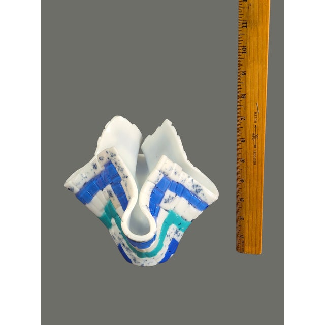 Vintage Art Milk Glass Blue & White Quilted Tiled Handkerchief Vase For Sale - Image 4 of 6