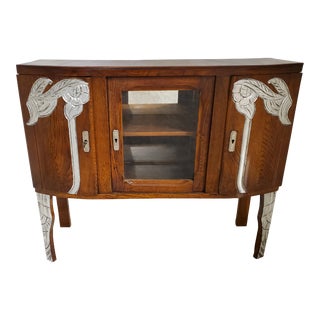 Early 20th Century Small French Hand Carved European Oak & Metal Leaf Cabinet For Sale