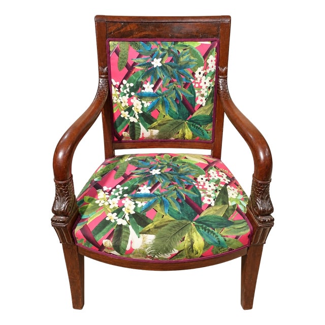 19th Century Restoration Mahogany Armchair with Dolphin Heads and Swan Neck For Sale