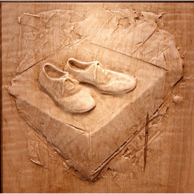 Shoes by Dana Younger | Maple and Niove Relief Sculpture of a Pair of Shoes on a Box For Sale