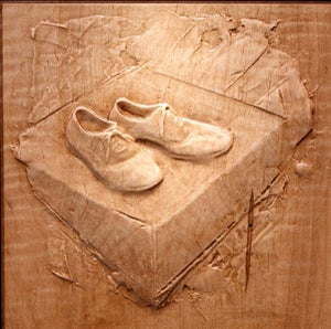 Shoes by Dana Younger | Maple and Niove Relief Sculpture of a Pair of Shoes on a Box