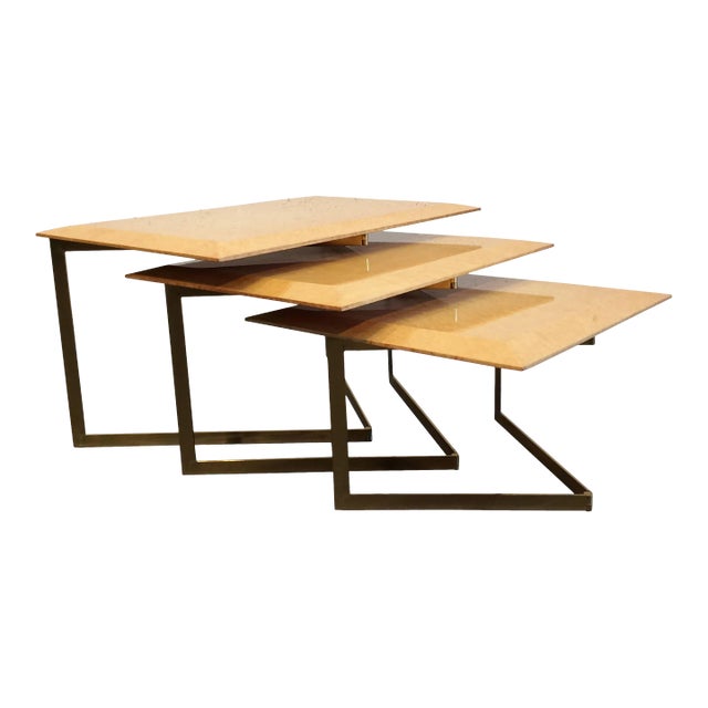 1970s Maple & Brass Birdseye Nesting Tables - Set of 3 For Sale